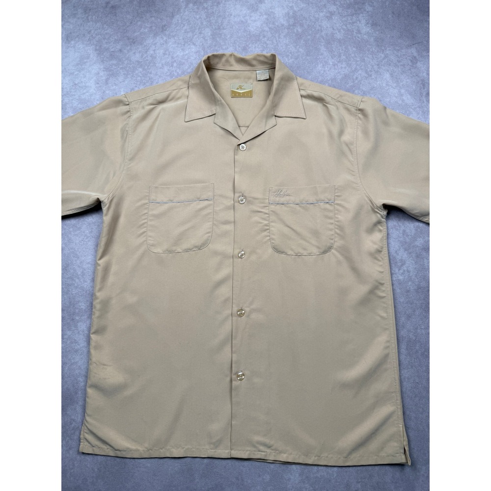 Hobie Men S Short Sleeve Button Up Shirt Tan Khaki Rayon Blend Camp Y2K Retro